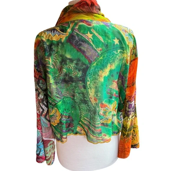 Vintage STERLING STYLES One Size Green Orange  Red Gold kimono Jacket Art Silk - Picture 3 of 8